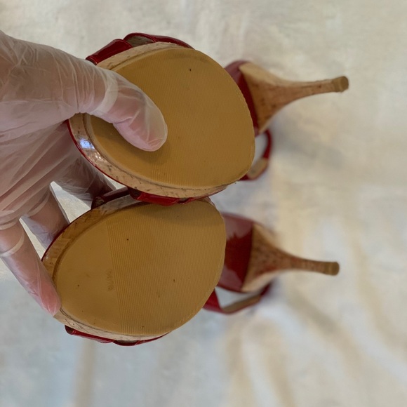 Stuart Weitzman Red Patent Slingback Platform Sandal Heel w/Cork Heels, Worn 1X! - Picture 9 of 11